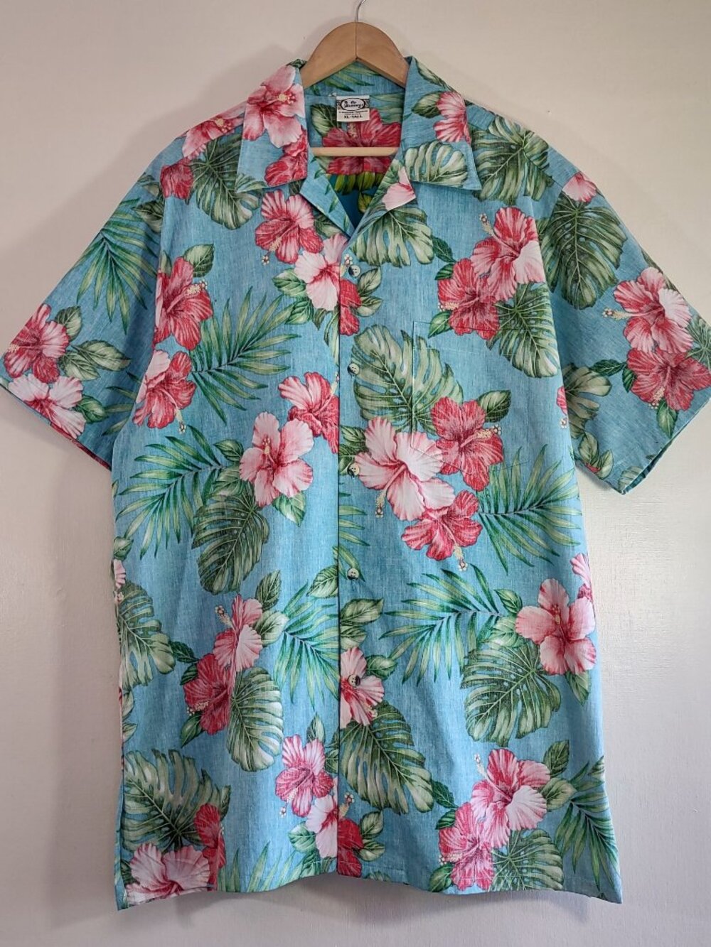 NWOT Go Barefoot Aloha Hawaiian Shirt Aqua Blue Short Sleeve Pocket Sz XL-Tall